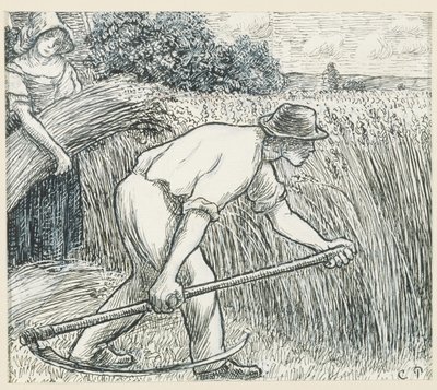 The Harvest, ca. 1895 (penn og blekk med blyhvit gouache på papir) av Camille Jacob Pissarro