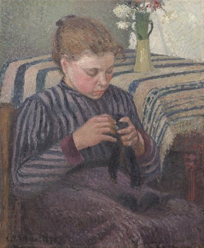 Kvinne reparerer, 1895. av Camille Pissarro