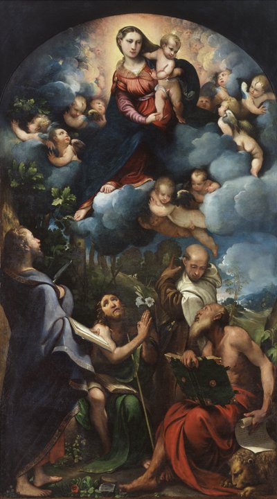 Madonna og barn i herlighet med St. Bartholomew, St. Johannes døperen, St. Albert og St. Hieronymus av Camillo Boccaccino