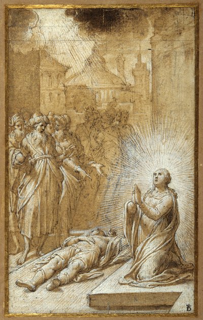Kvinnelig helgen ber ved liket av en død mann (fin penn og brunt blekk med brun vask og forhøyning) av Camillo Procaccini