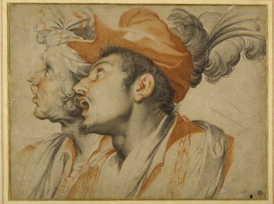 Grotesquerie av to fasjonabelt kledde menn som synger (svart og rødt kritt på hvitt papir) av Camillo Procaccini