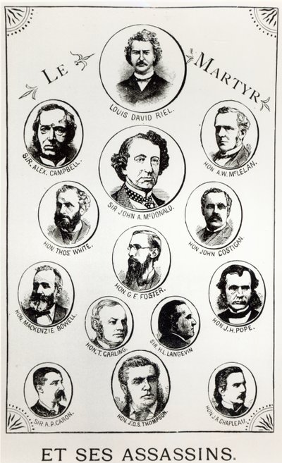 Louis Riel (1844-85) og leiemorderne hans, illustrasjon fra Le Gibet de Regina, publisert 1886 av Canadian School