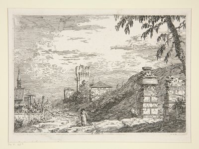 Landskap med tårn og to ødelagte søyler, fra serien Vedute (Views) av Canaletto (Giovanni Antonio Canal)