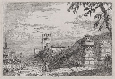 Landskap med tårn og to ødelagte søyler, fra serien Vedute (Views) av Canaletto (Giovanni Antonio Canal)