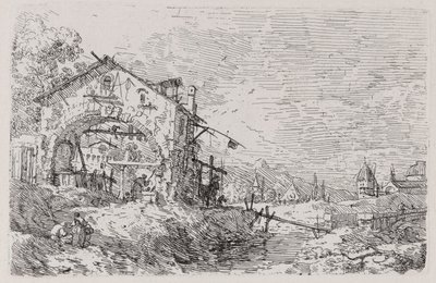 Landskap med en kvinne ved en brønn, fra serien Vedute (Views) av Canaletto (Giovanni Antonio Canal)