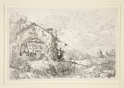 Landskap med en kvinne ved en brønn, fra serien Vedute (Views) av Canaletto (Giovanni Antonio Canal)