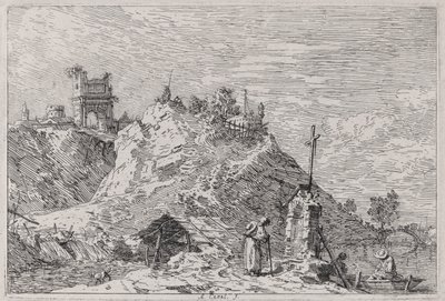 Landskap med pilegrimen ved bønn, fra serien Vedute (Views) av Canaletto (Giovanni Antonio Canal)