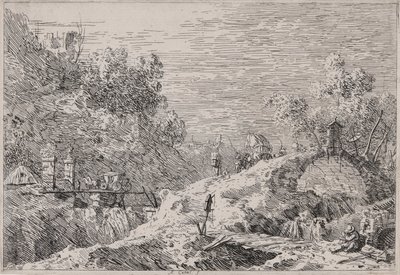 Fjelllandskap med fem broer, fra serien Vedute (Views) av Canaletto (Giovanni Antonio Canal)