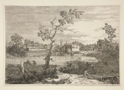 Utsikt over en by på en elvebredd, fra serien Vedute (Views) av Canaletto (Giovanni Antonio Canal)