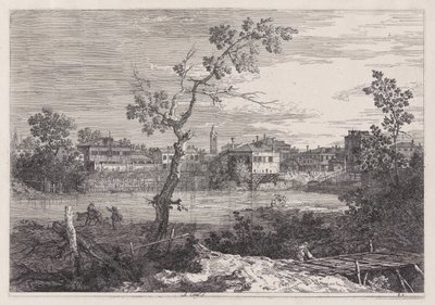 Utsikt over en by på en elvebredd, fra serien Vedute (Views) av Canaletto (Giovanni Antonio Canal)