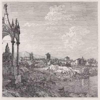 Utsikt over en by med en biskop av Canaletto (Giovanni Antonio Canal)