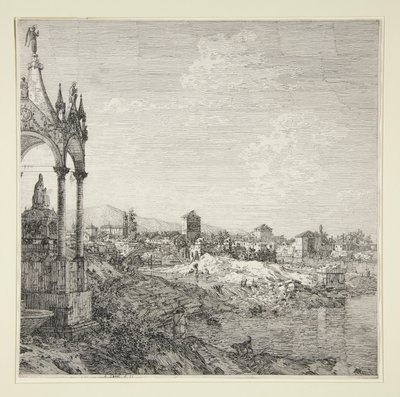 Utsikt over en by med en biskop av Canaletto (Giovanni Antonio Canal)