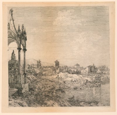 En utsikt over en by med en biskops grav av Canaletto