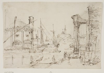 Capriccio med klassiske ruiner på en kai, et naust, to bysser, to master på et seilskute bak seg, en kuppelkirke i bakgrunnen av Canaletto