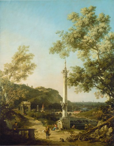 Engelsk landskap Capriccio med en søyle, ca. 1754. av Canaletto