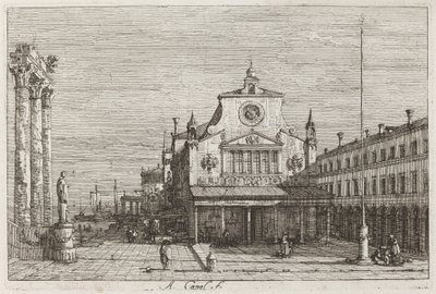 Imaginær utsikt over S. Giacomo di Rialto [øverst til høyre] av Canaletto
