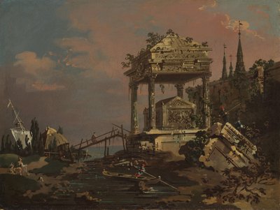 Imaginær utsikt med en grav ved lagunen, tidlig på 1740-tallet. av Giovanni Antonio Canal