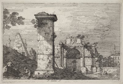 Landskap med ruinerte monumenter av Canaletto