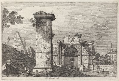 Landskap med ødelagte monumenter, ca. 1740. av Canaletto