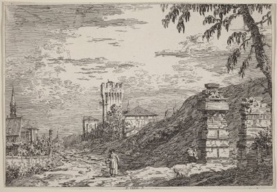 Landskap med tårn og to ødelagte søyler av Canaletto