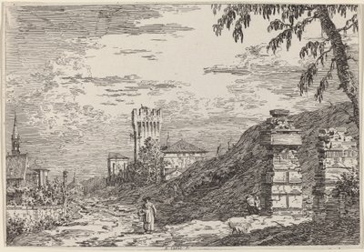 Landskap med tårn og to ødelagte søyler, ca. 17351746. av Canaletto