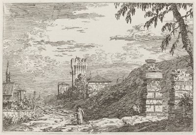 Landskap med tårn og to ødelagte søyler [til venstre], ca. 17351746. av Canaletto