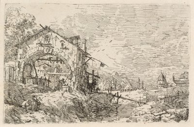 Landskap med en kvinne ved en brønn, ca. 1740. av Canaletto