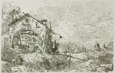 Landskap med en kvinne ved en brønn, fra Vedute av Canaletto