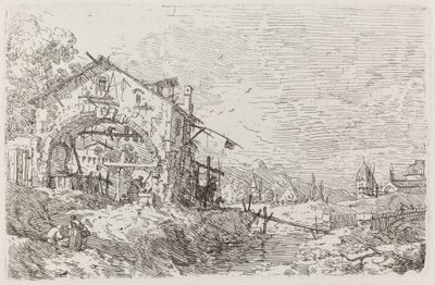 Landskap med en kvinne ved en brønn [nederst til venstre] av Canaletto
