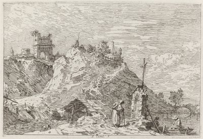 Landskap med pilegrimen ved bønnen [øverst til venstre], ca. 17351746. av Canaletto