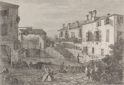 Le porte del Dolo: det ovale bassenget til slusene ved Dolo, med en lekter fortøyd til kaien..., 1735-46. av Canaletto