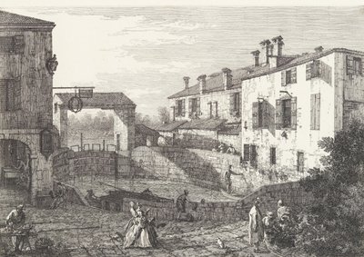 The Locks at Dolo, et ovalt basseng med båter i midten, bygninger på hver side,..., 1735-46. av Canaletto