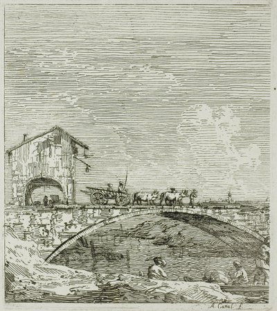 Vognen passerer over en bro, fra Vedute av Canaletto