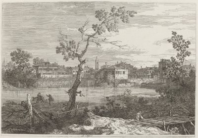 Utsikt over en by på en elvebredd, ca. 17351746. av Canaletto