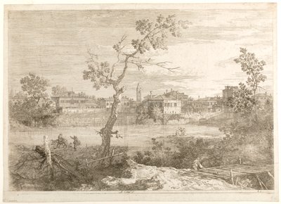 Utsikt over en by ved en elvebredd, fra serien «Utsikter» av Canaletto