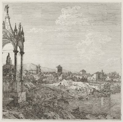 Utsikt over en by med en biskops grav, ca. 17351746. av Canaletto