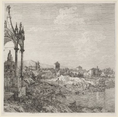 Utsikt over en by med en biskops grav, ca. 1740. av Canaletto