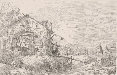 Kvinne henter vann fra en brønn under en arkade til venstre, med et landskap til høyre, 1..., 1717-68. av Canaletto