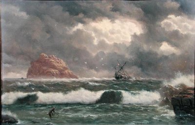 Stormfull kystscene (olje om bord) av Capt. John Haughton Forrest