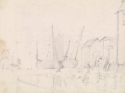 Skisse av strandede seilbåter og stilthytter, Hastings av Capt. Thomas Hastings