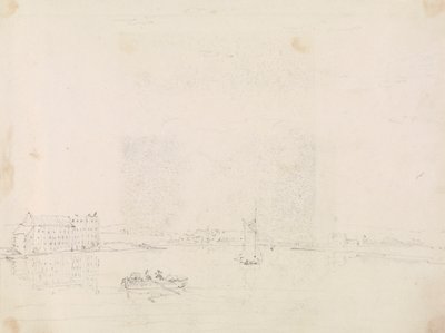Skisse av båter og en stor bygning, fra over Medina-elven av Capt. Thomas Hastings