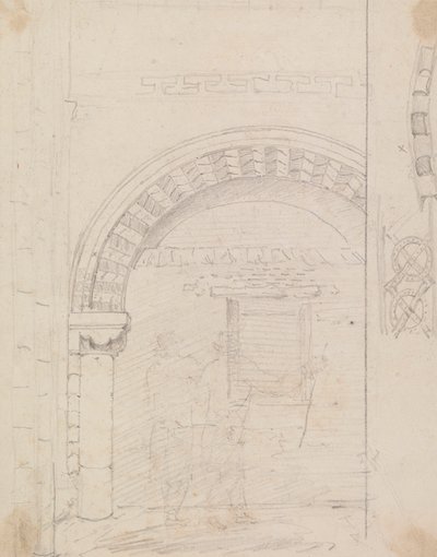 Skisse av figurer som står under en steinbue av Capt. Thomas Hastings