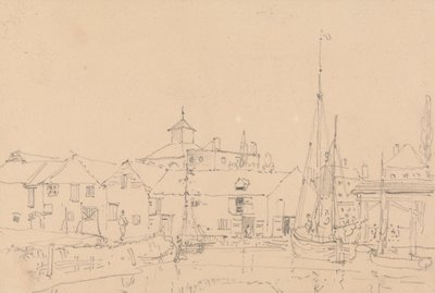 Skisse av seilbåter fortøyd ved siden av en landsby av Capt. Thomas Hastings