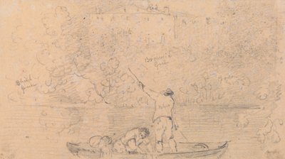 Skisse av to menn i en båt og et hus på kysten av Capt. Thomas Hastings