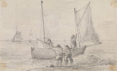 Skisse av en gruppe som forbereder seilene nær kysten, Hastings av Capt. Thomas Hastings
