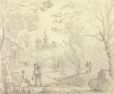 Skisse av en parkscene med East Cowes Castle i det fjerne, Isle of Wight av Capt. Thomas Hastings