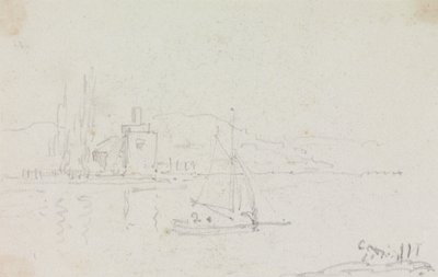 Skisse av en seilbåt og en bygning på kysten av Capt. Thomas Hastings