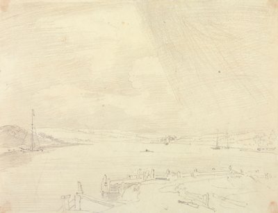 Skisse av et kystlandskap med brygge i forgrunnen, Isle of Wight av Capt. Thomas Hastings
