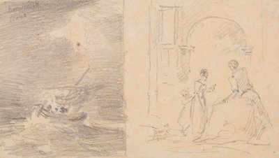 Skisse av et skip i en storm og skisse av en familiegruppering etter en bue av Capt. Thomas Hastings