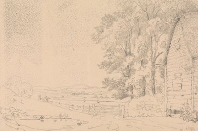 Skisse av en bygning med stråtak og en elv utenfor av Capt. Thomas Hastings